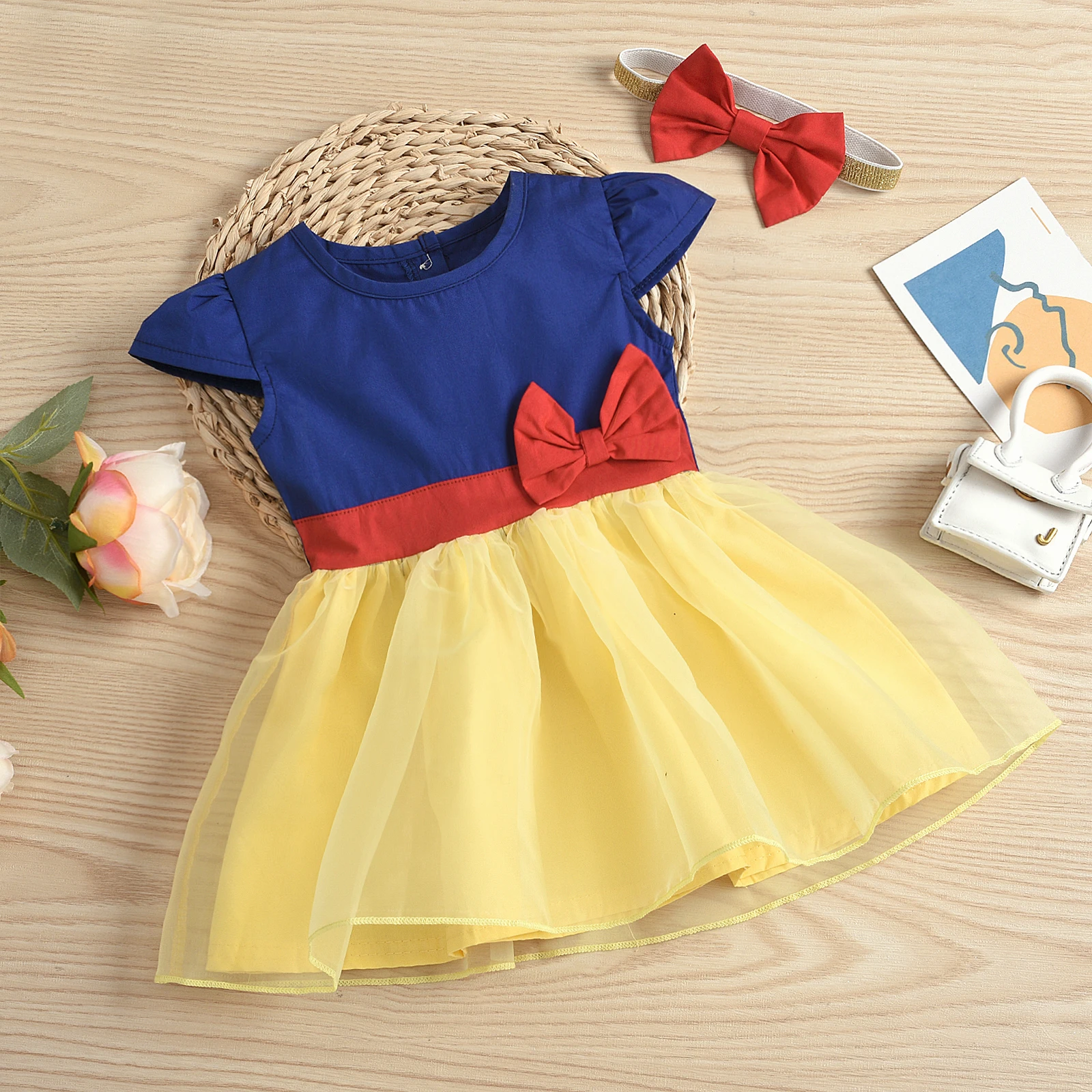 2PC Spring and Autumn Season Baby Girl Red, Blue and Yellow Mesh Dress with Headpiece