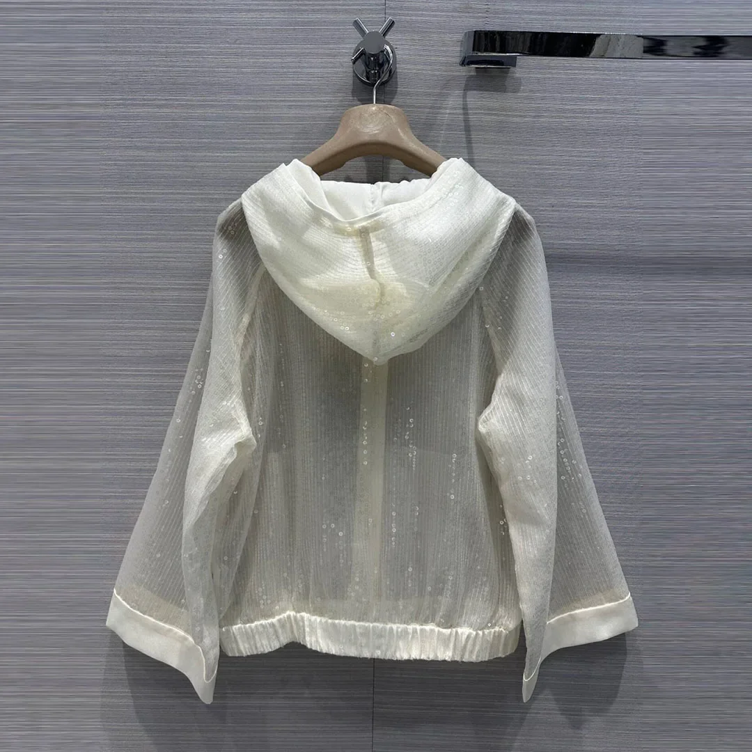 2024 New Summer 100% Silk Organza Thin Jacket Women Transparent Sequins Embroidery White Sweet Coat Hooded Wide Long Sleeve