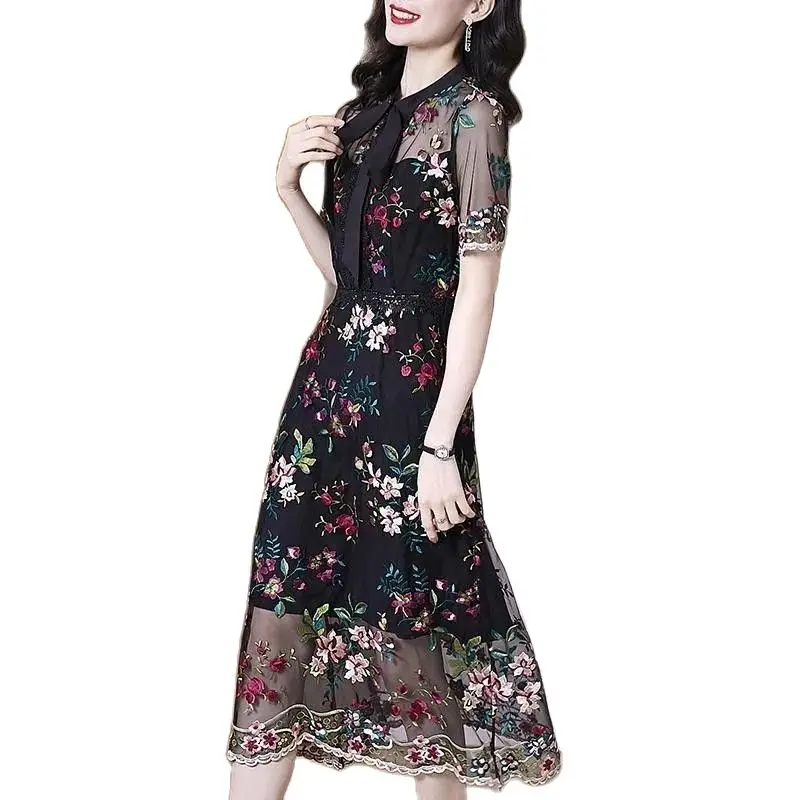 Women Lace-up Mesh Dress 2022 New Spring Summer Female High-end Western-style Waist Embroidered Floral Dresses Trend