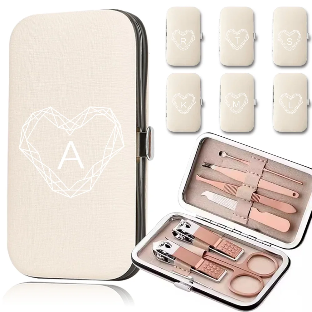 

7Pcs PU Manicure Set Box Portable Pedicure Kit Stainless Steel Nail Clippers Personal Care Tool Organizer Diamond Letter Pattern