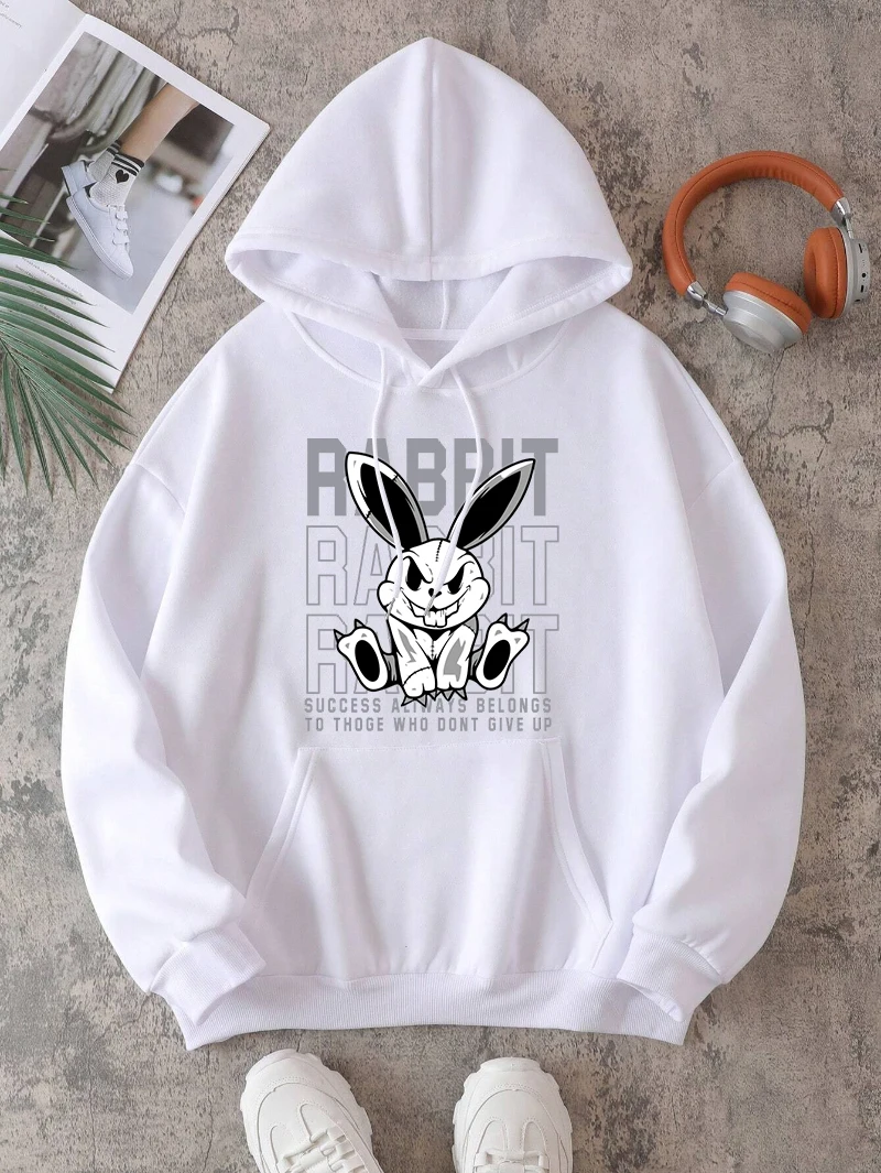 Cool Rabbit Hoodie Womens Cartoons Letter Printing Streetwear Fleece Warm Pocket Loose Pullover Sporty Comfortable Woman Clothes