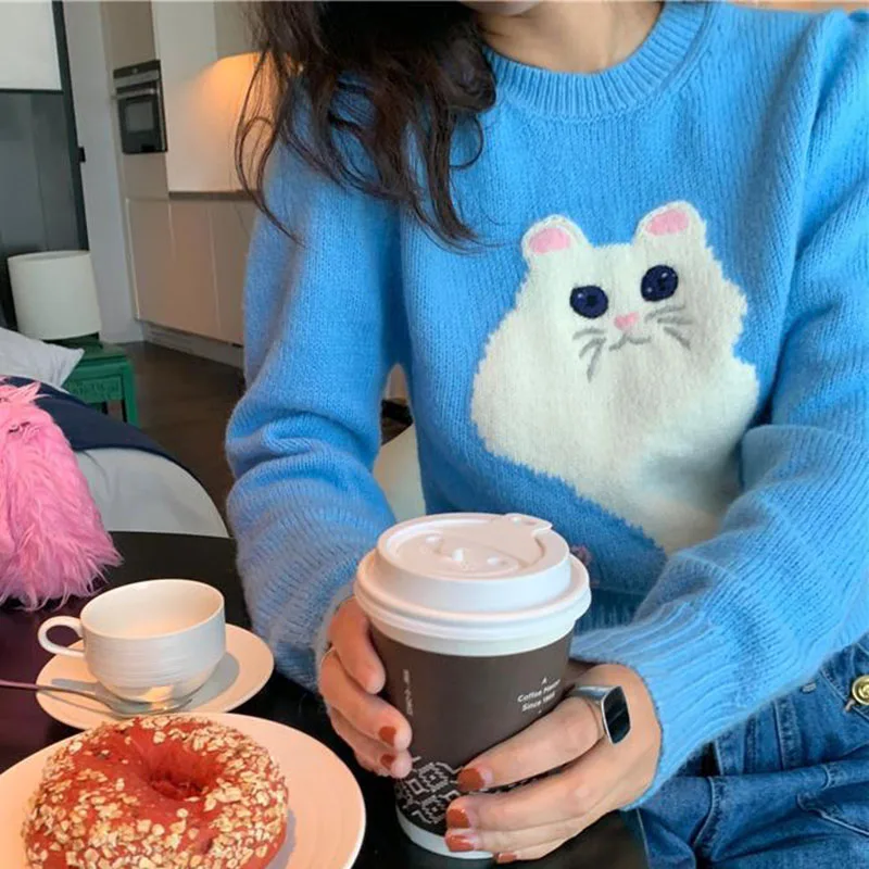 Cartoon Cat Knitwear Pullovers Sweater Women Spring O Neck Blue Sweater Jumper Female Long Sleeve Soft Knit Sweater For Women