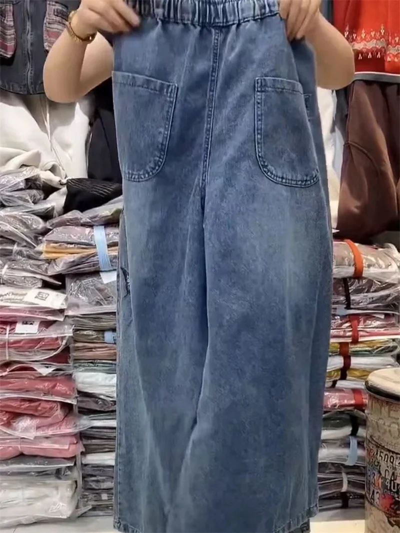 2025年ニューレトロアート中華風重工業刺繍入りカウボーイワイドレッグパンツ（伸縮性9％）女性用