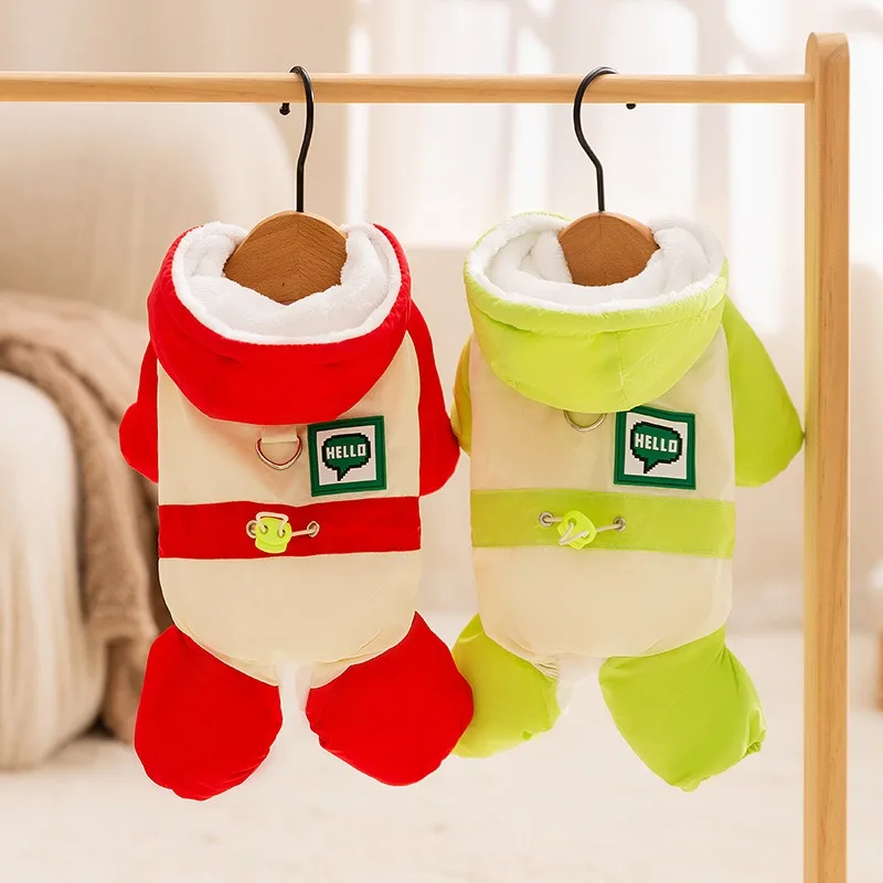 

Winter Pet Punch Cotton Coat Teddy Warm Clothes Puppy Thickened Color Collision Splicing Drawstring Four Legs Clothes