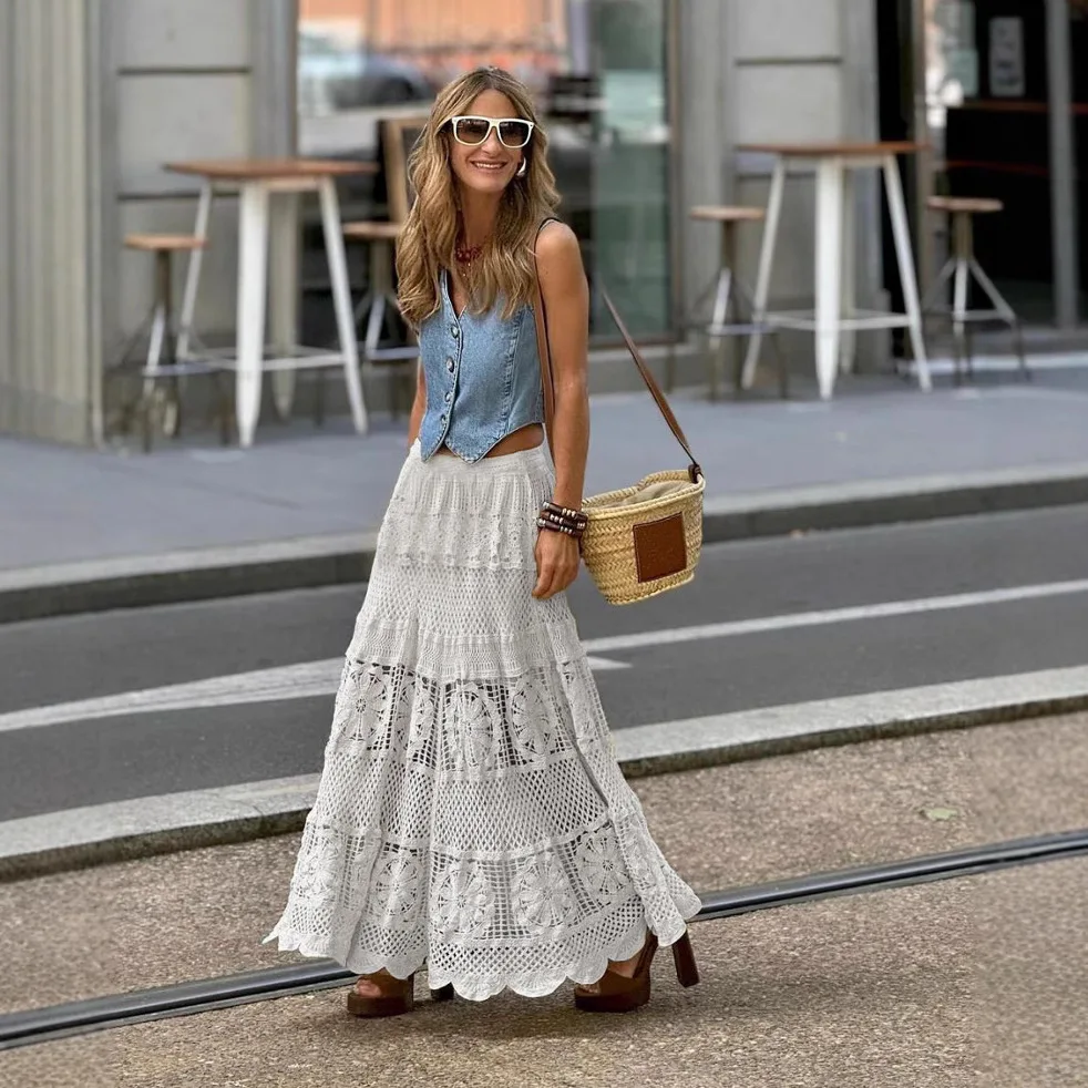 Women's New Arrival Lace Trim Cutout Knitted Midi Skirt Elegant Casual Wear Vestidos