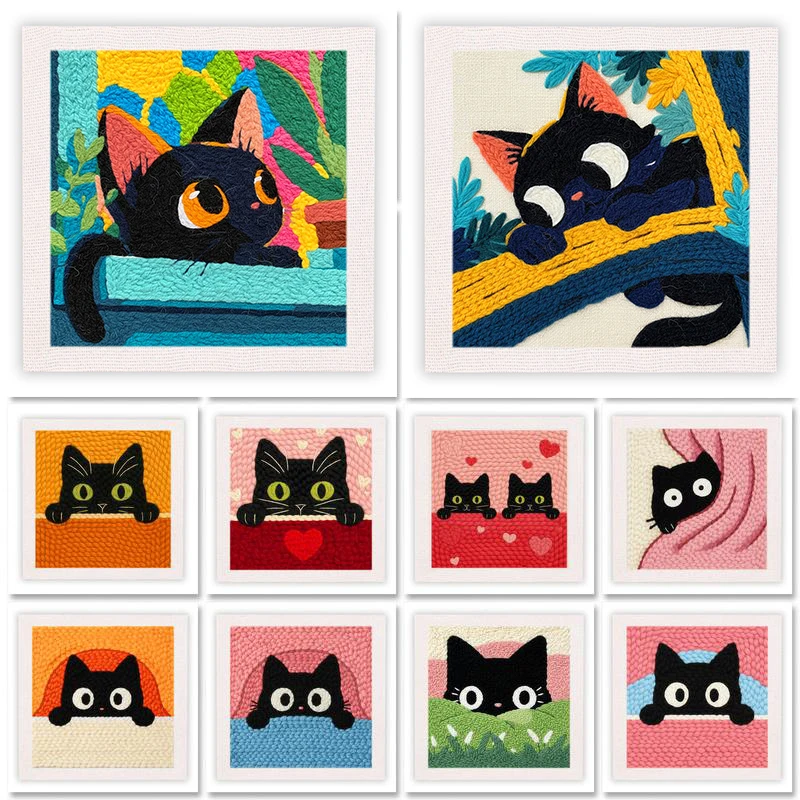 GATYZTORY Cat Punch Needle Kits With Frame for Beginners Adults Punch Needle Embroidery Set Animal Craft DIY Wall Art Gift