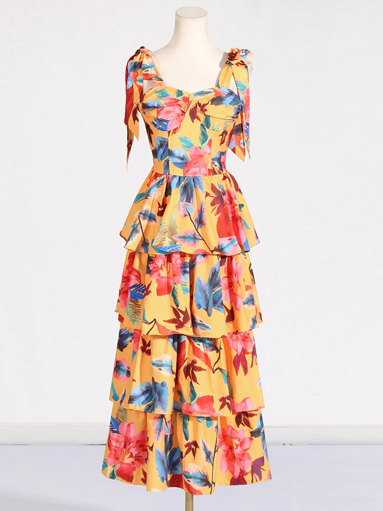 VGH Spliced Lace Up Printing Casual Dresses For Women Square Collar Sleeveless High Waist Backless Colorblock Dress Female New