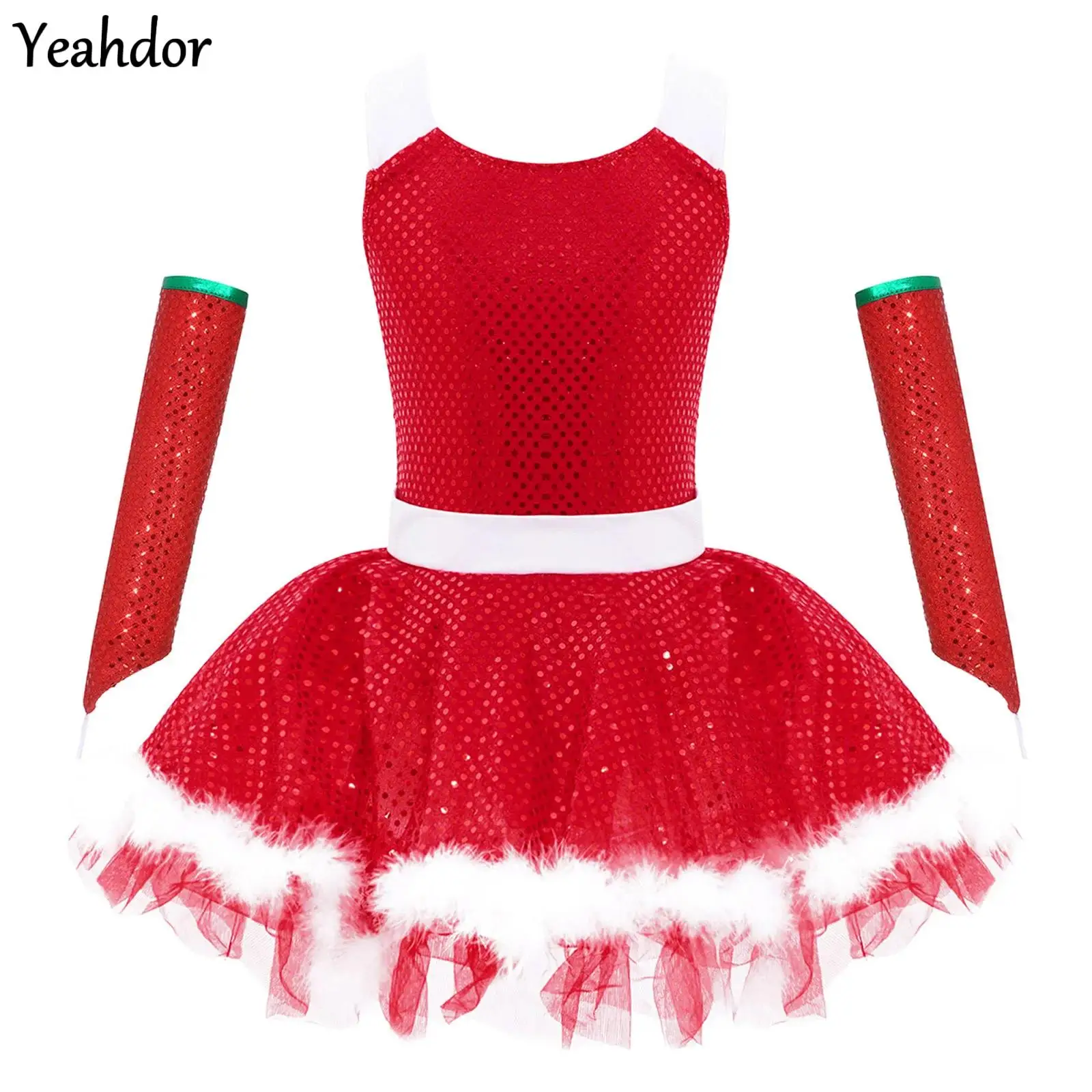 

Girls Christmas Sequins Ballet Tutu Dress Snowman Costume Xmas Santa Claus Skating Faux Fur Leotard Cami Dress +Oversleeves Suts
