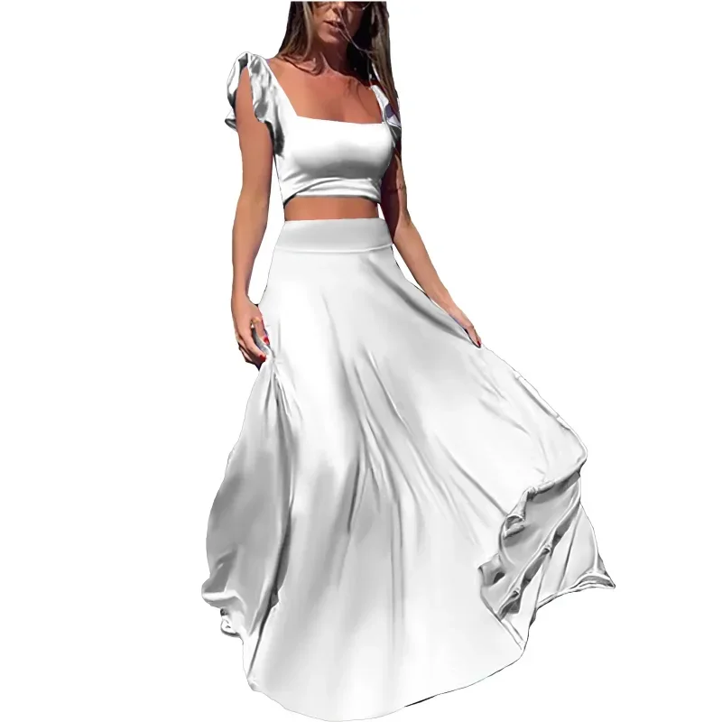 Customized Vacation Matching Sets Elegant A-line Skirts and Sleeveless Tank Crop Tops Blue Two 2 Pieces Suits Women Evening Outf