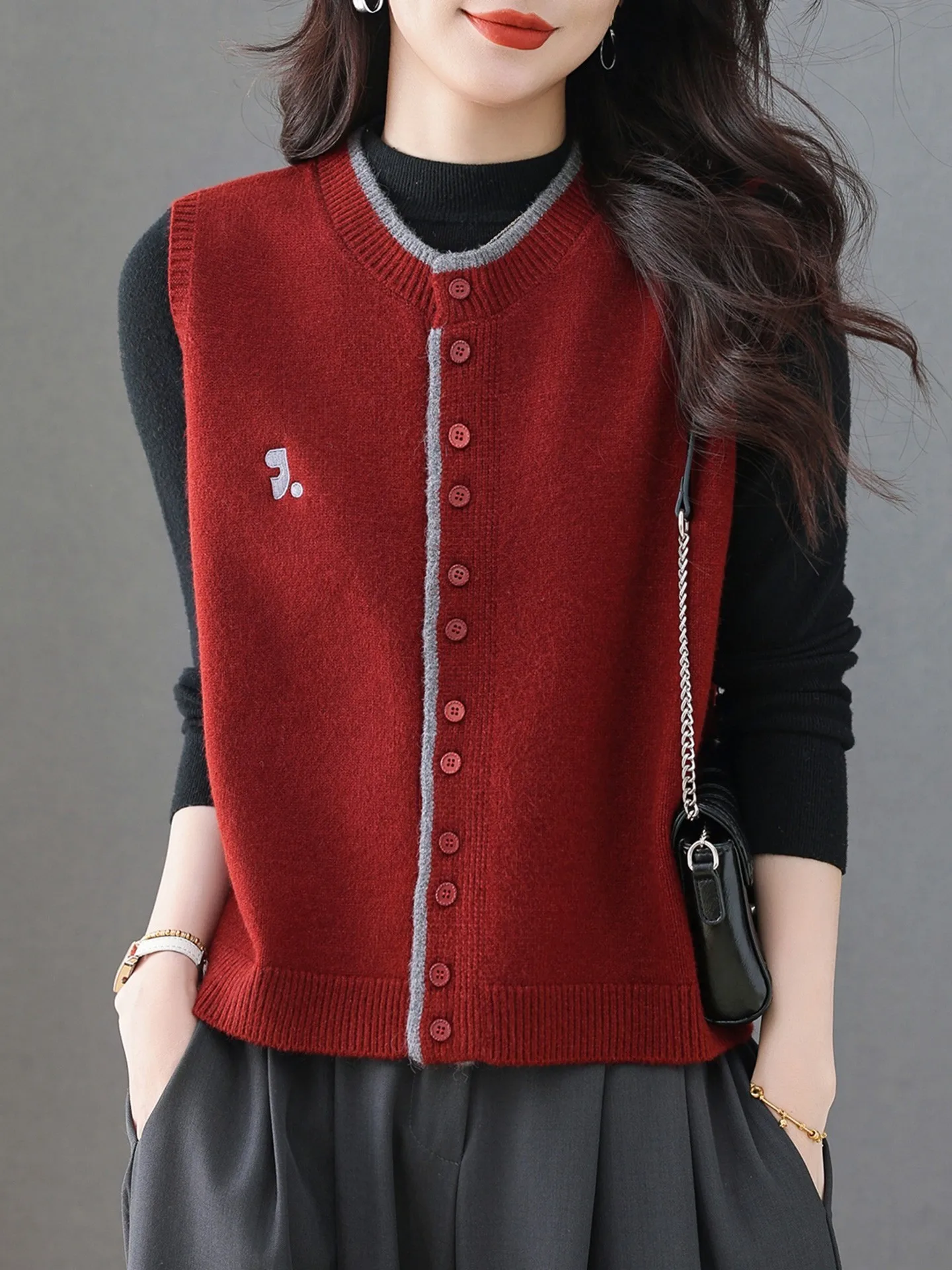

Autumn round Ne Knitted Vest ort Outerwear Sweater Cardigan Women's Commute Sle Button Detail Embroidery Pure Color