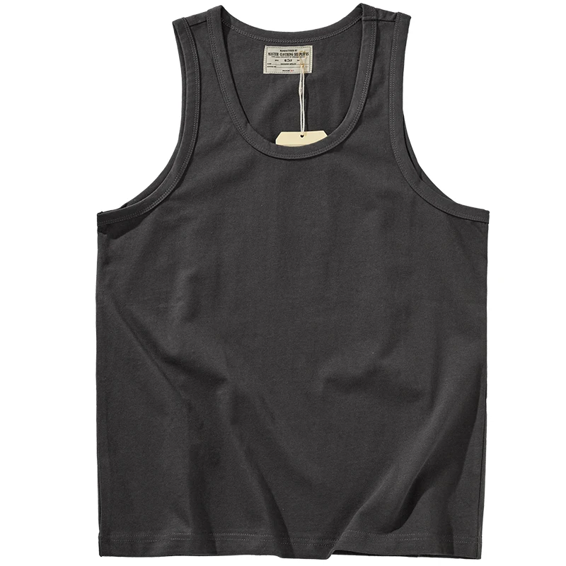 Summer American 230g Heightweight Sleeveless O-neck Solid Color T-shirt Men\'s 100% Cotton Washed Casual Sports Fitness Vest Tops