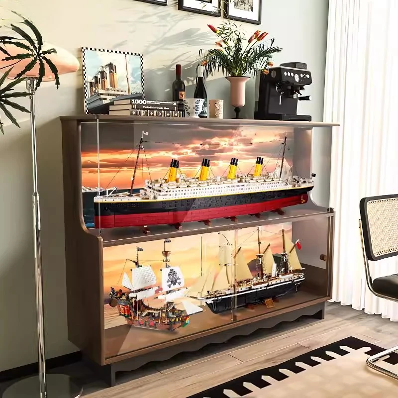 

Multifunctional double-layer storage display cabinet solid wood dining edge