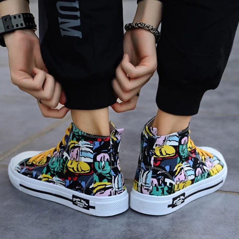 Cool Discount Low Price Shoes Graffiti Canvas Shoes Men\'s Sneakers High Top Couple Style Board Casual Mens Tennis Men\'s Shoes