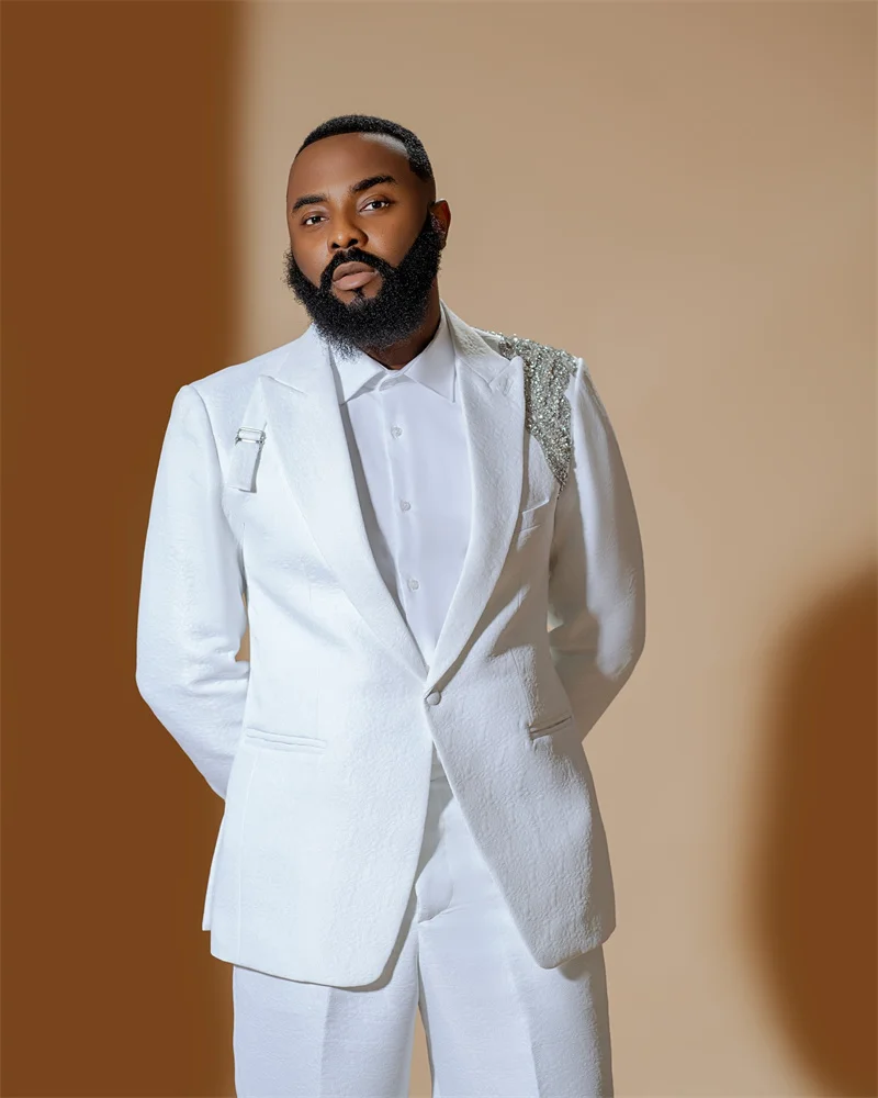 White Men Suits Set 2 Pcs Blazer+Pant Trousers Wedding Tuxedo Luxury Crystals Beaded Formal Office Groom Prom Male Jacket Coat