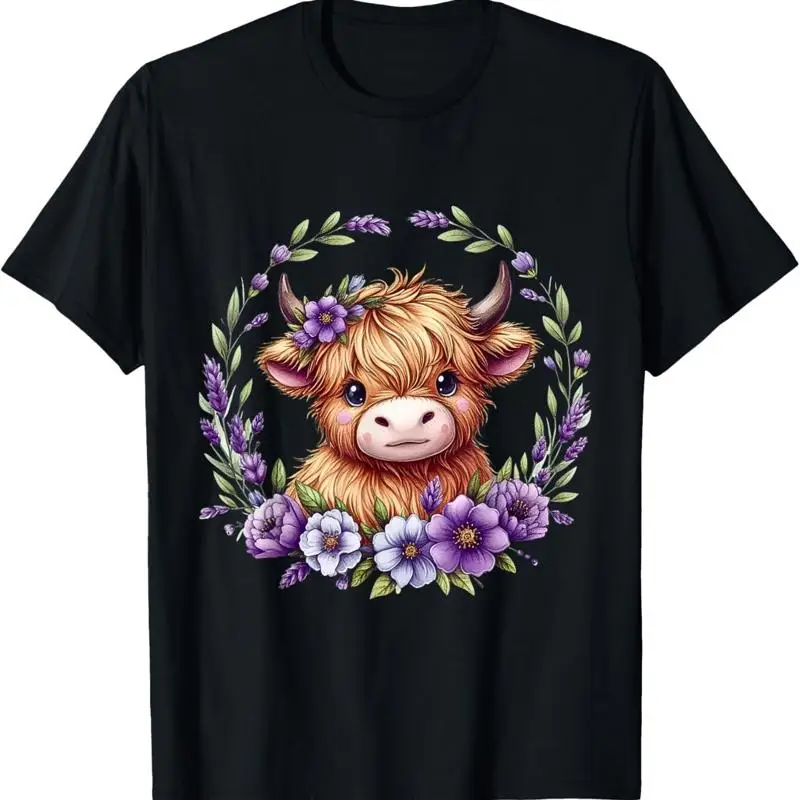 Baby Highland Cow With Purple Flowers Scottish Farm T Shirt