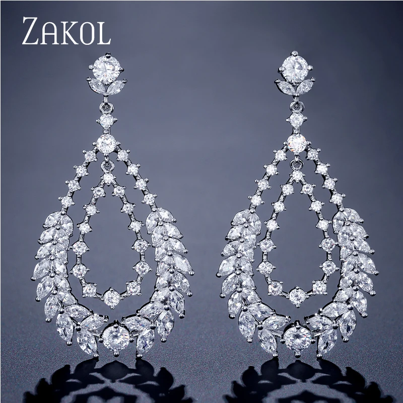 ZAKOL Designe Leaf Cubic Zirconia CZ Dangle Earrings for Elegant Women Bridal Wedding Party Jewelry FSEP2172