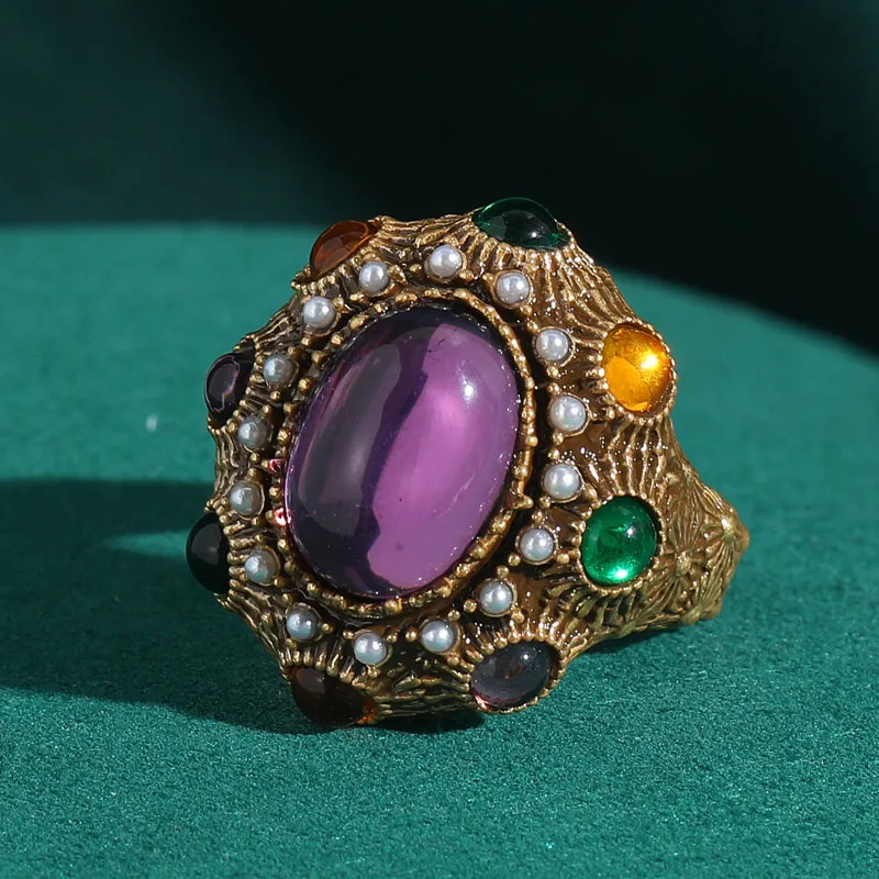 18K Gold-Plated Vintage Baroque Oval Ring - Crystal & Pearl Cluster Decorative Ring for Women Formal Occasions Jewelry Gift