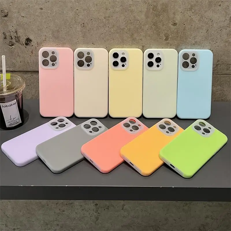 Cartoon Minimalist Candy Solid Color Soft Case For iPhone 15 14 Plus 12 13 11 Pro Max Matte Silicone Lens Shockproof Cover Girl