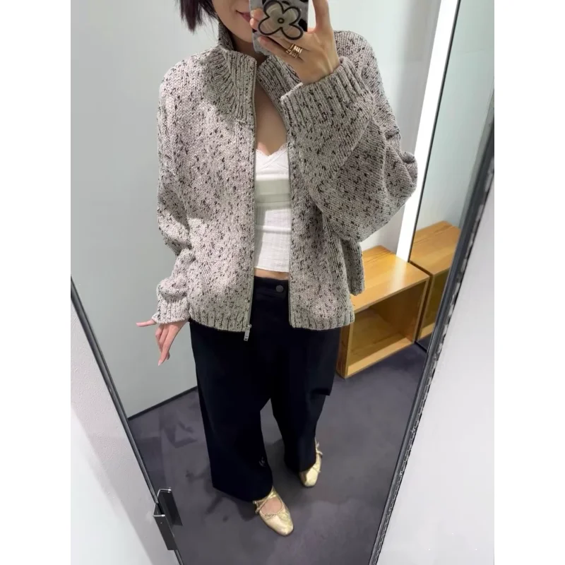 カジュアルウールテクスチャジッパーニットセーターコート CS Sle レディースファイオン秋アウターウェアロングスベ暖かいレギュラーフィット