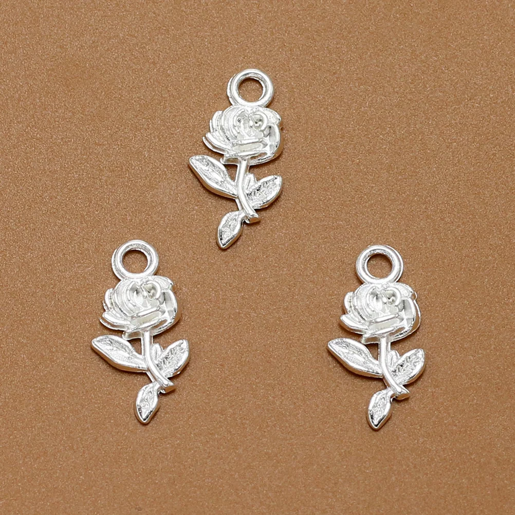 20pcs Alloy Rose with Leaves Pendants Charms DIY Jewelry Making Accessory for Necklace Bracelet (Bright Silver)