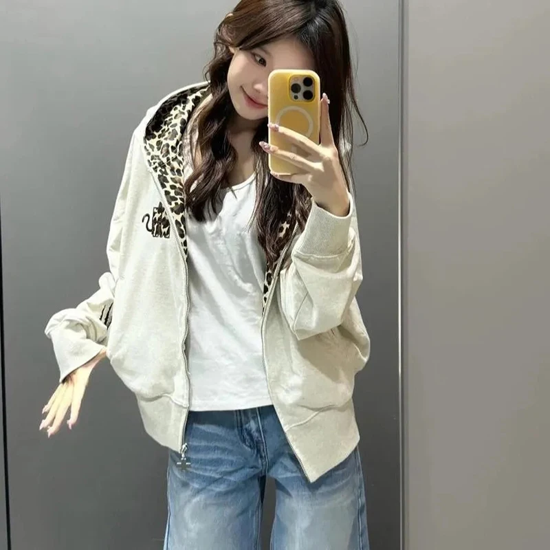 Women Little Devil Leopard Hoodie Patchwork Zip Long Sleeve Sweatshirt Spring Fall Harajuku Y2K Street Casual American Crop Top