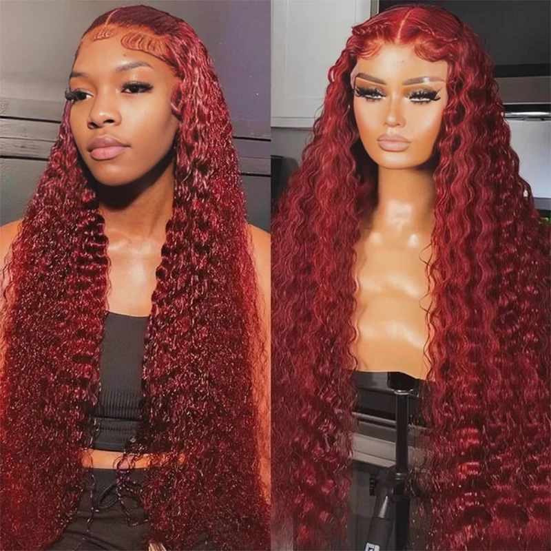 

99J Burgundy Deep Wave Lace Front Wig Human Hair Red 13x4 HD Lace Frontal Wig Pre Plucked Colored Curly Human Hair Wigs on Sale