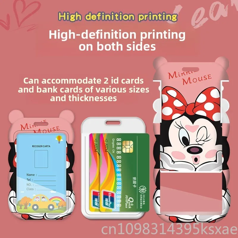 Porta carte Disney Minnie Series per bambini Design a onde di cartone animato con cordino a collo lungo per il controllo degli accessi della metropolitana dell'autobus scolastico