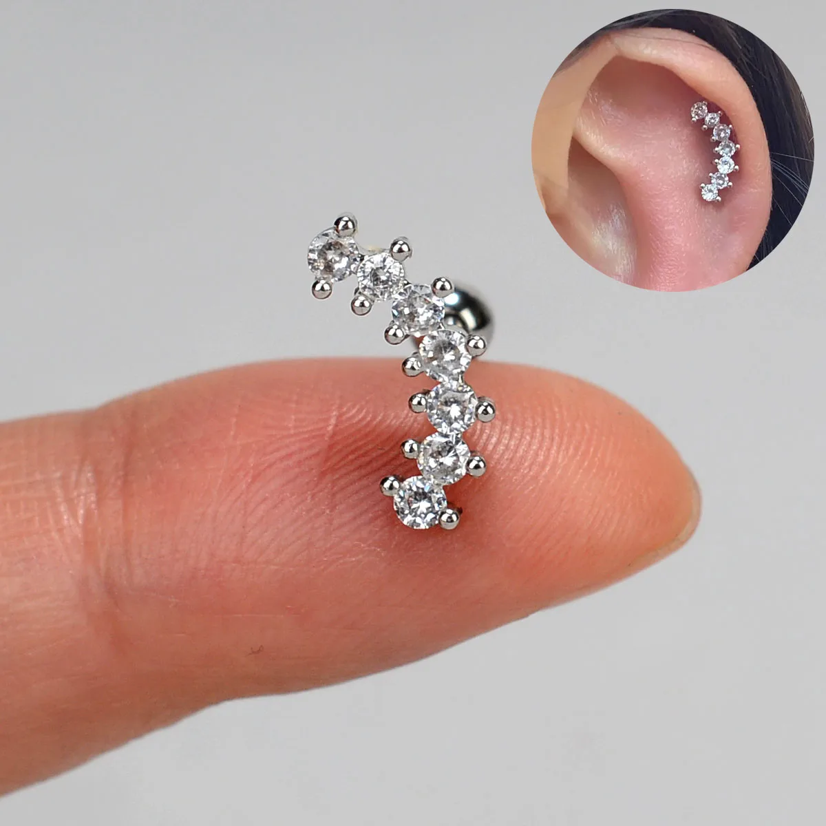 Curved CZ Cartilage Stud Moon Leaf Earring, Stainless Steel