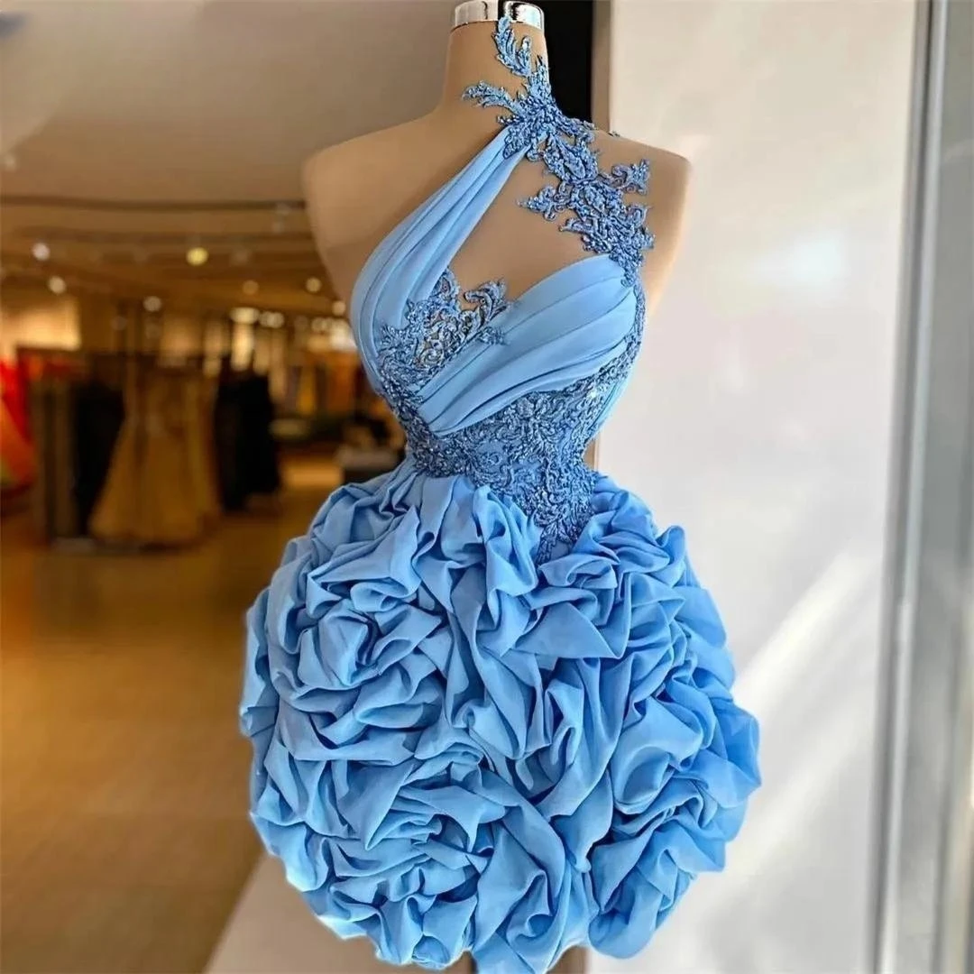 Blue Cocktail Dresses Sheath Short Mini Appliques Ruffles Homecoming Dresses Haute Couture Customized