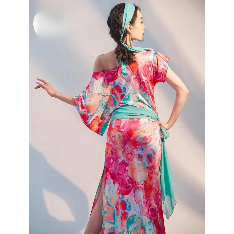 New Style Belly Dance Robe Printed Folk Shaabi Practice Outfit Baladi Oriental Dance Performance Costume