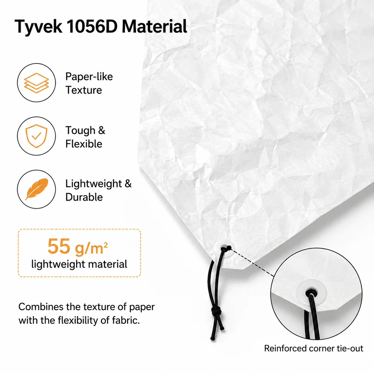 1056D Tyvek Camping Ground Sheet 55g/㎡ Ultralight Waterproof Tent Footprint Tear Resistant Foldable Picnic Mat with Guy Lines