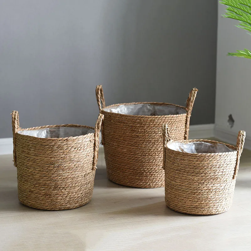 

Handmade Woven Planter Basket Laundry Storage Decorative Basket Straw Wicker Rattan Seagrass Garden Flower Pot Storage Basket