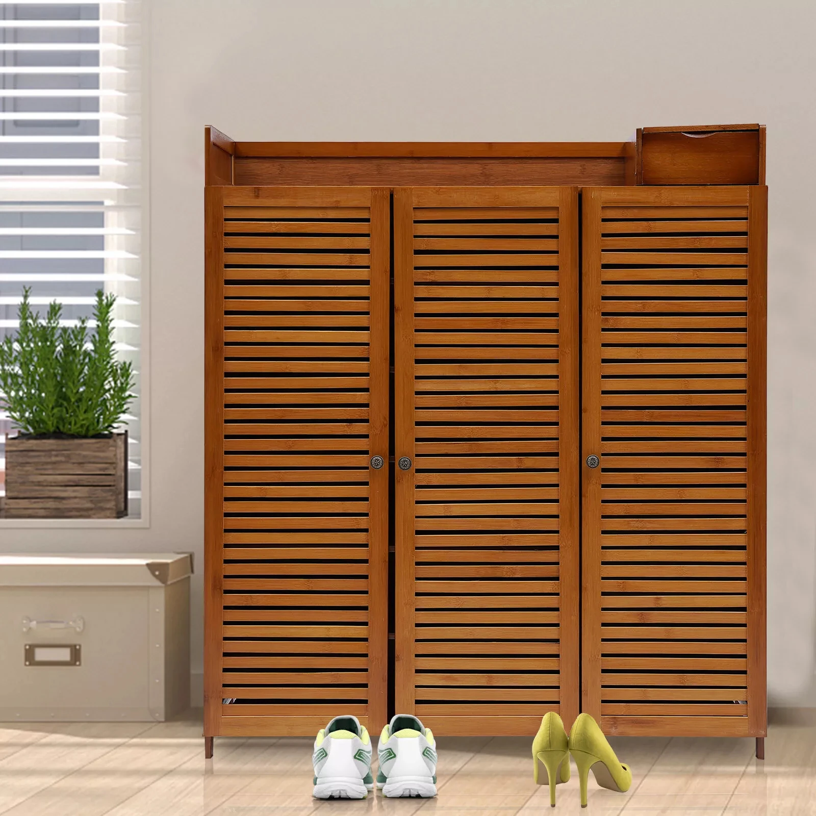 

98*32*115cm Three Door Seven Tier Shoe Rack - Large capacity storage, suitable for family entrance, living room, simple design,