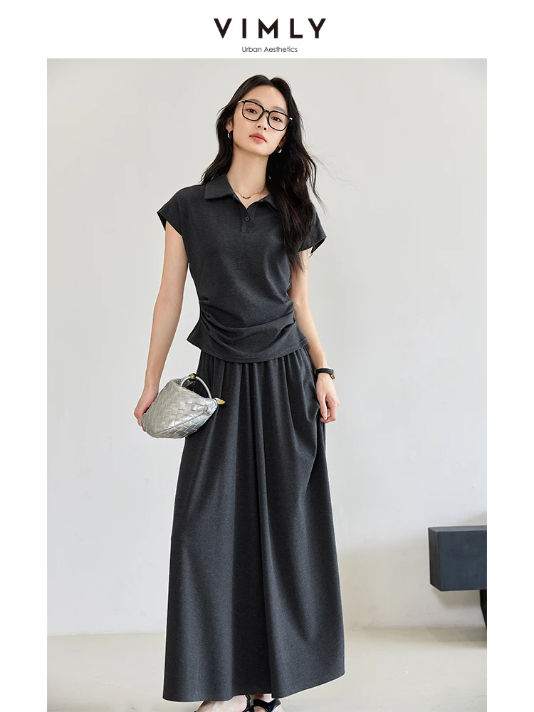 

VIMLY Women's Casual Office Dress Set 2025 Summer French Elegant Slim POLO-neck Pleated Top+Straight Skirt Simple Commuter Suits