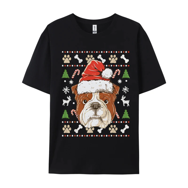 Santa Bulldog T-shirt Dog Christmas Family Gifts Funny T shirt Men's 100% Cotton Designer T-Shirt Basic