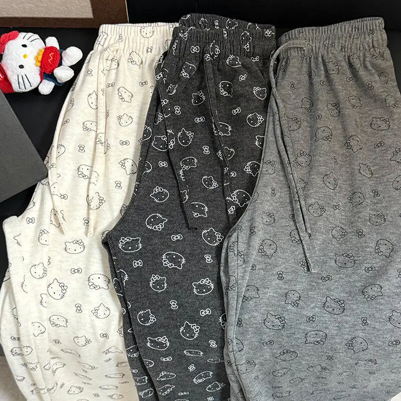 

Женские брюки для отдыха с мультяшным принтом «Hello Kitty», милый стиль, домашняя одежда для девочек, свободные удобные широкие брюки для подростков