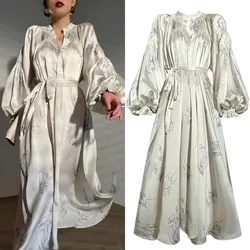 French Designer Spring Satin Lantern Sleeve Long Dress Elegant Women V Neck Flower Printed Belt Loose One Piece Holiday Clothes