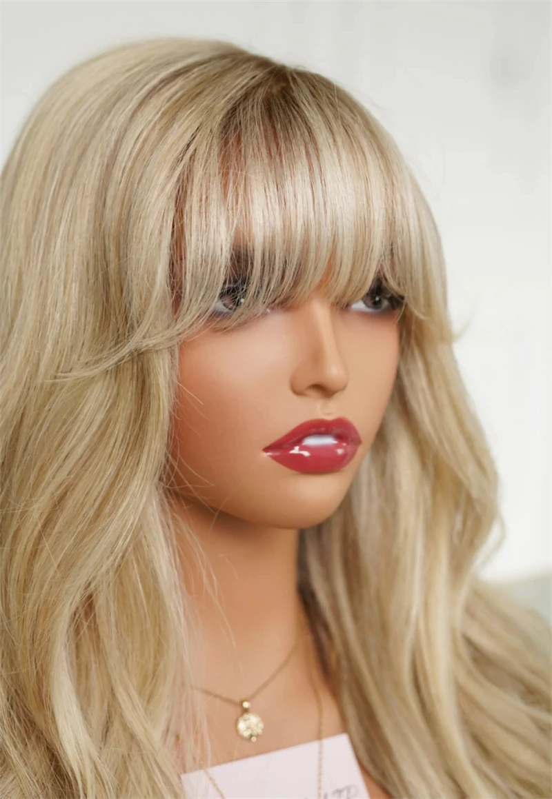 Blonde Wig with Bangs Long Synthetic Woman Wigs Cosplay Party Wear and Go Natural Lace Front Wigs Fringe Glueless Honey Blond