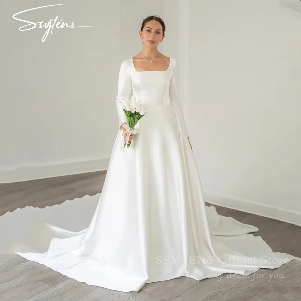 

SSYTENS Square Neck Satin Wedding Dresses Floor Length Bridal Gowns Saudi Long Sleeves Custom Made Modern Civil Bride Dress 2025