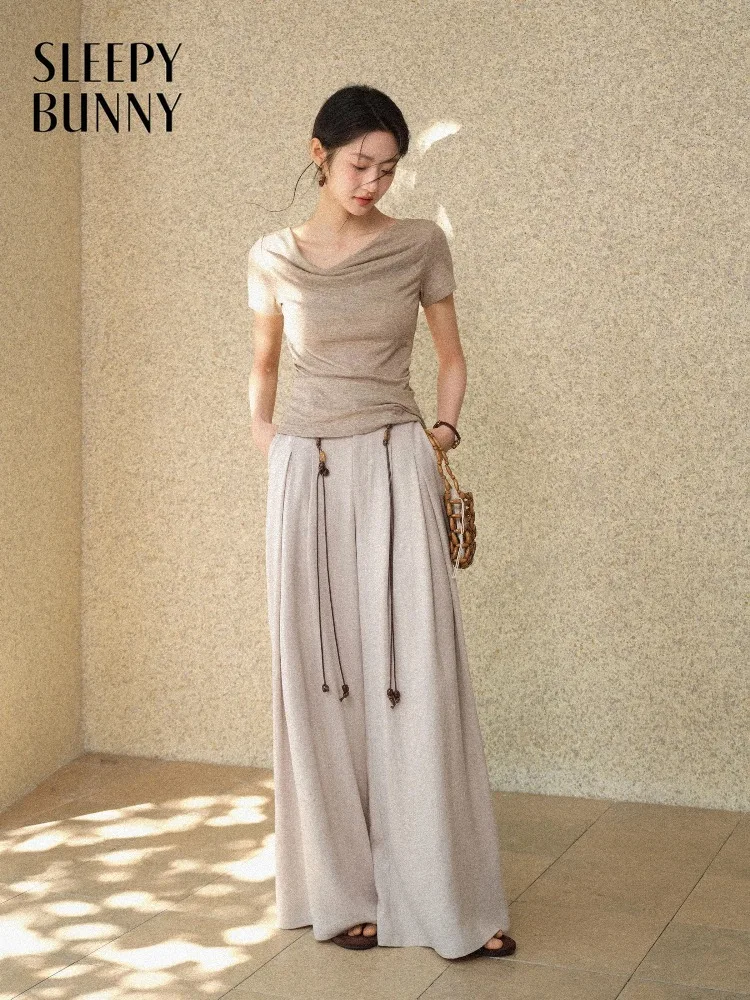 

Women Cowl Neck Draped T Shirt Slim Fit Short Sleeve Top Elegant Stretch Tee Summer Casual Chic Daily Wear Soft Fashion Lady