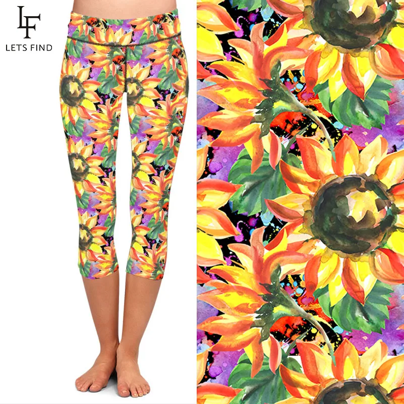 LETSFIND 2021 New 3D Watercolor Sunflower Digital Print Capri Leggings  Women High Waist Elastic Silm Leggings