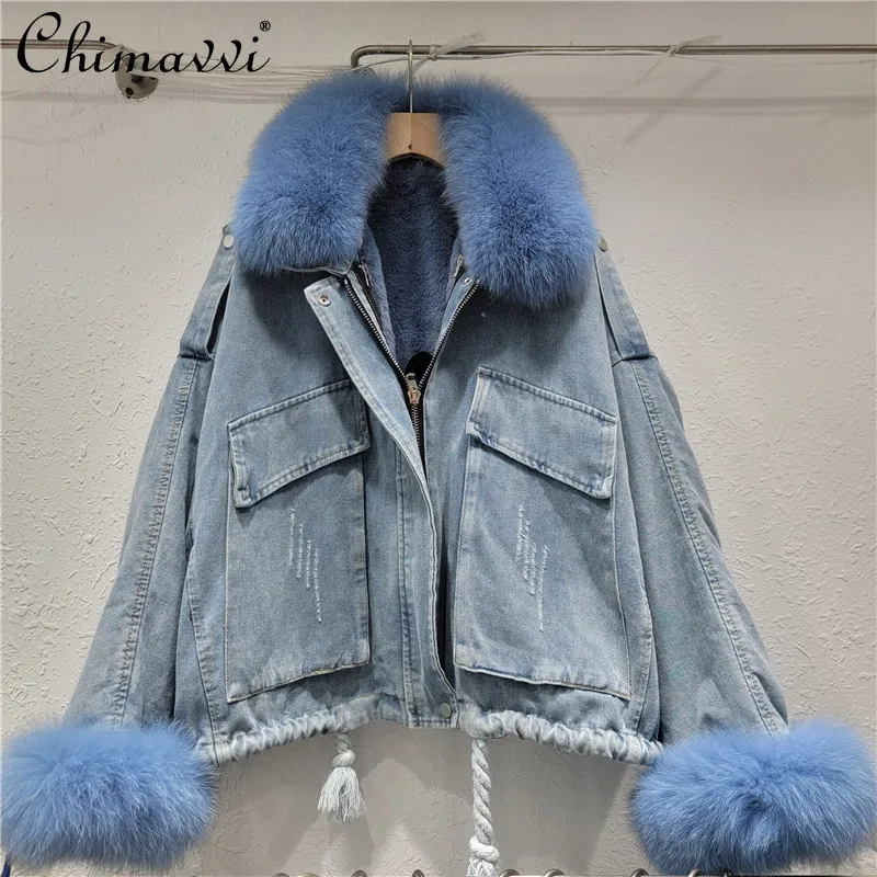 

Высококачественная джинсовая куртка с воротником из натурального меха, женская утолщенная зимняя корейская мода на флисовой подкладке, свободное теплое хлопковое пальто с рукавами «летучая мышь»