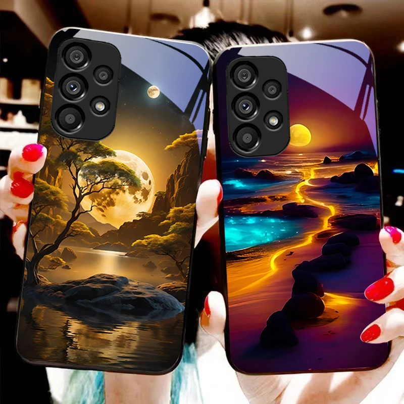 Big Window Powder For Samsung Galaxy S 8 9 10 20 Plus 21 FE 22 23 24 Ultra S7 Edge Black Tempered Glass Phone Case Hard Shell