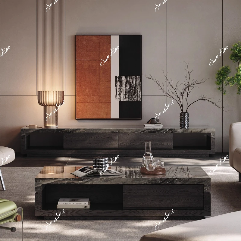 Italian minimalist living room marble coffee table TV cabinet combination light luxury high-end sense of landing at home