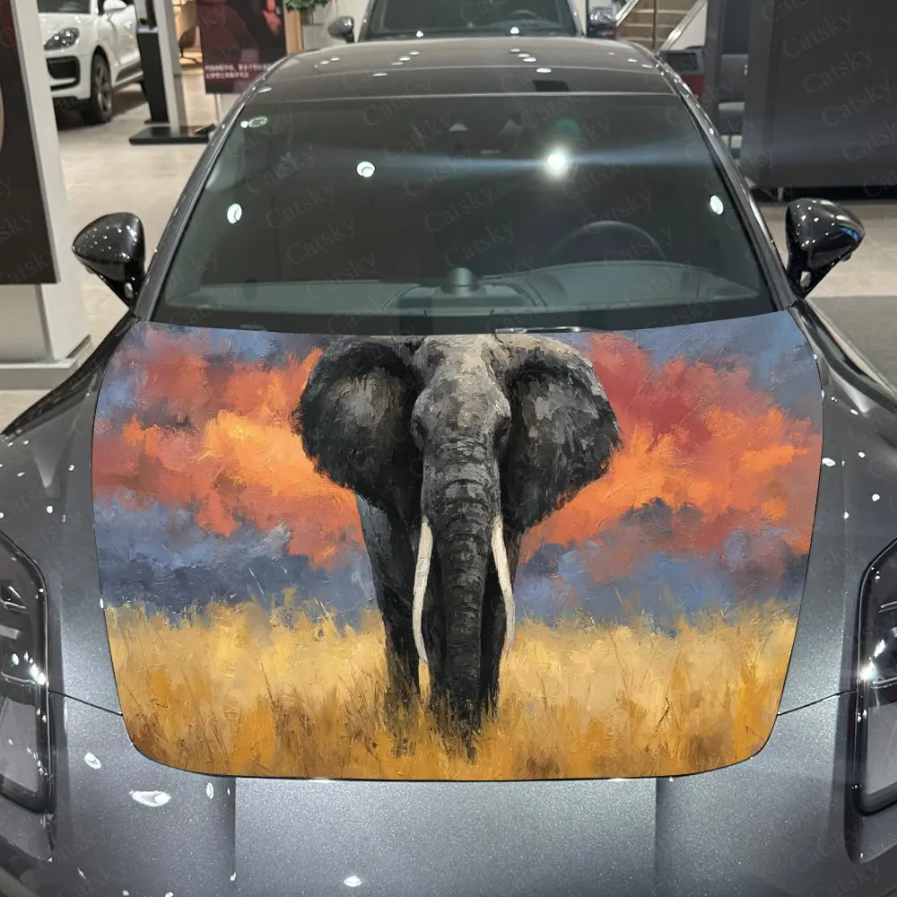 

Sunset Elephant Car Hood Stickers - Self-Adhesive, Waterproof and Durable Vinyl Wrap, Decorate And Protect Your Car - T