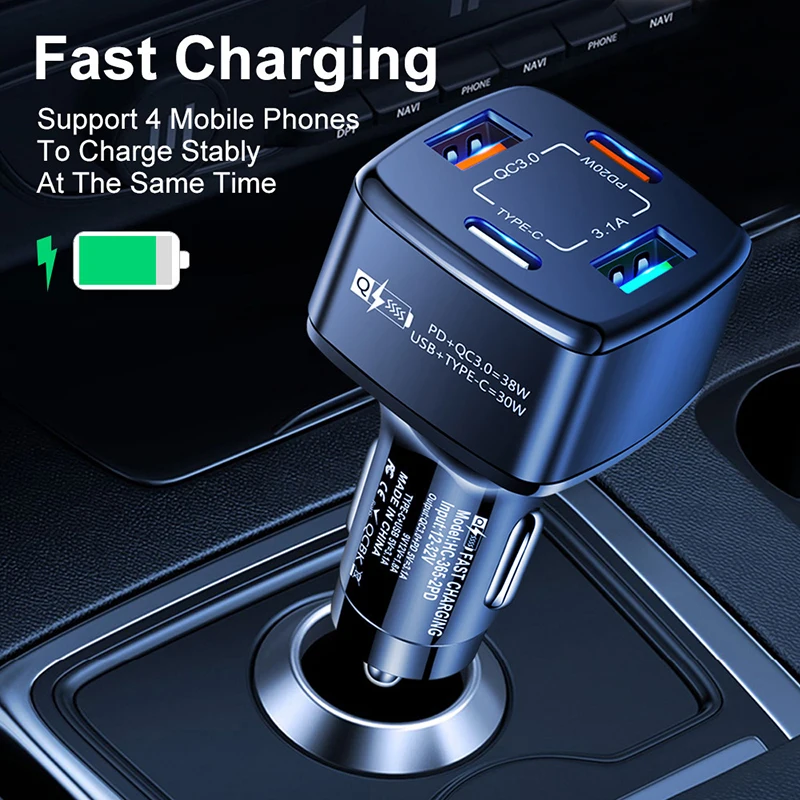 PD 20W QC 3.0 Car Charger 4-Port USB C Fast Charging Adapter Reinforced Shrapnel Multi-Protection Metal Auto Power Plug