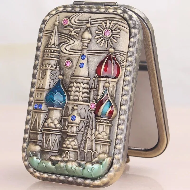 2.5X cermin rias perbesaran antik portabel, cermin kecil saku lipat dua sisi untuk anak perempuan perjalanan