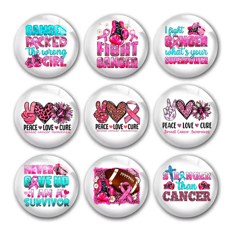 

Pink Ribbon Peace Love Cure Fight Cancer Round Photo Glass Cabochon Demo Flat Back For DIY Jewelry Making Supplies Snap Button