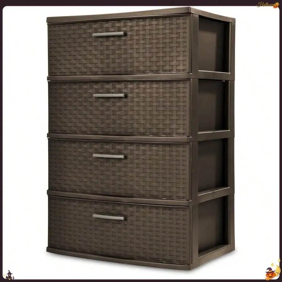 

Storage Drawer, 4 Drawer Plastic Weave Wide Tower With Pull Handles, Brown