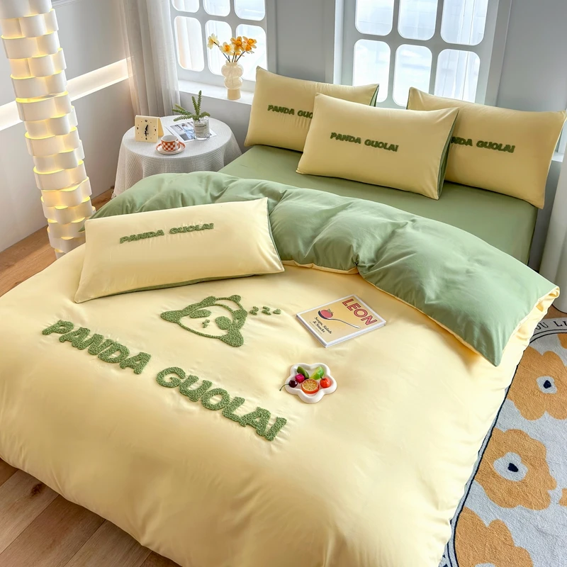 

Green 3D Panda Embroidery Duvet Cover Cute Animal Bedding Sets, Kawaii Comforter Covers Soft for Girls Boys Kids Teens Preppy